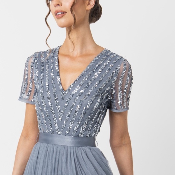 Maya Dusty Blue Stripe Embellished Maxi Dress With Sash Belt (Bridesmaid) - Picture 3 of 9